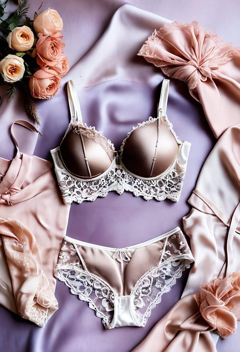A beautiful, elegant display of various lingerie pieces including delicate lace bras, comfy cotton sets, and seductive silk garments arranged artfully on soft, plush surfaces. The background should evoke a cozy yet luxurious atmosphere, using soft pastels and rich textures. Include subtle hints of flowers or feathers for an added touch of femininity and charm. super-realistic. vibrant colors. soft background.